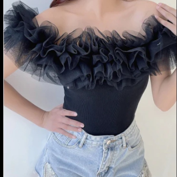 Klesis Women's Off Shoulder Tiered Layering Ruffle Mesh Bodysuit - Picture 3 of 8